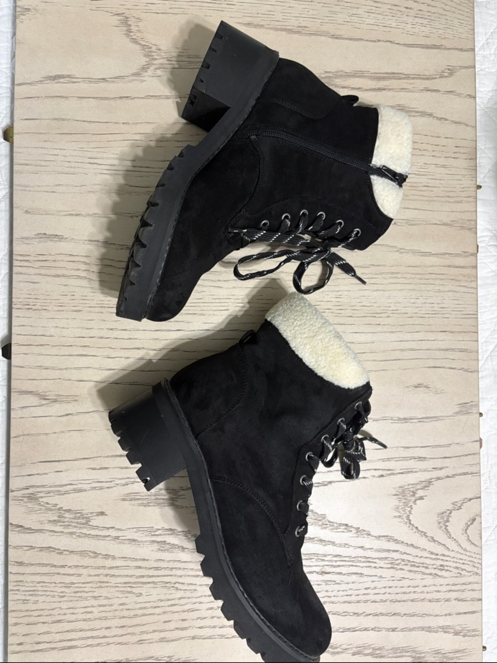 Women's Black Faux-Suede Lace-Up Ankle Boots with Shearling Collar